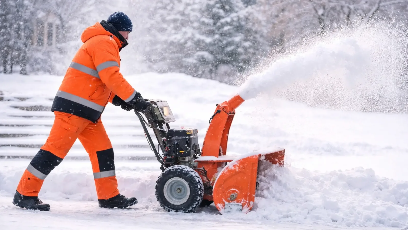 Mitarbeiter mit Schneefräse auf dem Gehweg – Westfalia Winterdienst in Schwerte